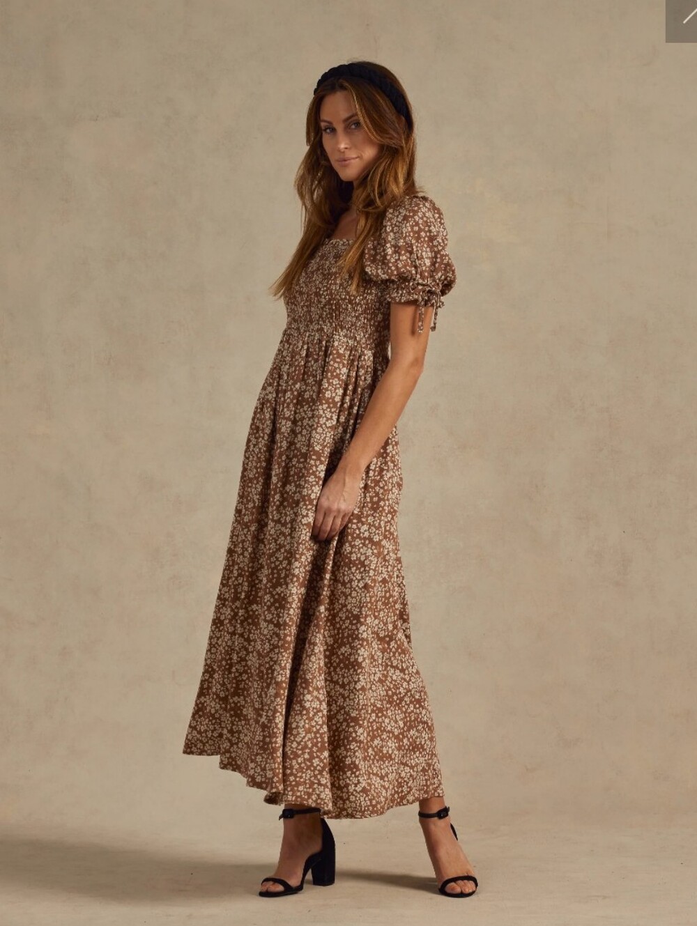 Rylee + Cru Dallas Dress Brown Ditsy Floral Smocked Puff Sleeve Midi Maxi Large